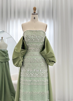 Gorgeous Green Strapless Beaded Cape Satin Train Prom Dress Evening Dress