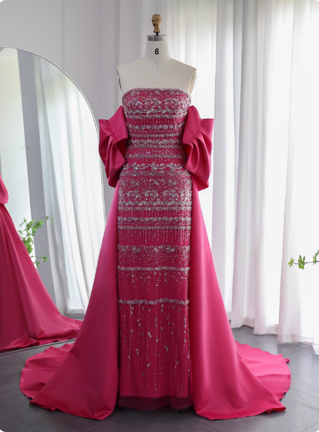 Gorgeous Green Strapless Beaded Cape Satin Train Prom Dress Evening Dress