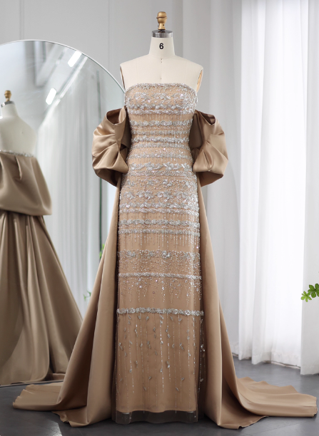 Gorgeous Green Strapless Beaded Cape Satin Train Prom Dress Evening Dress