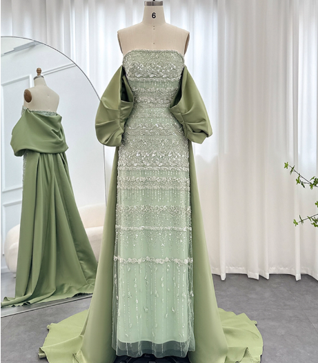 Gorgeous Green Strapless Beaded Cape Satin Train Prom Dress Evening Dress