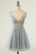 Gorgeous Grey Homecoming Dress A Line Spaghetti Straps Short Prom Dress with Beading