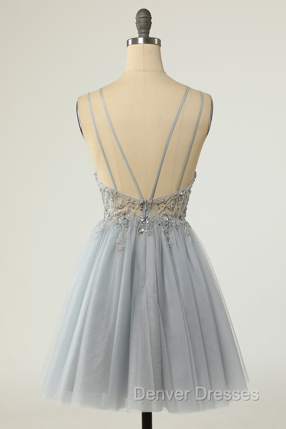 Gorgeous Grey Homecoming Dress A Line Spaghetti Straps Short Prom Dress with Beading
