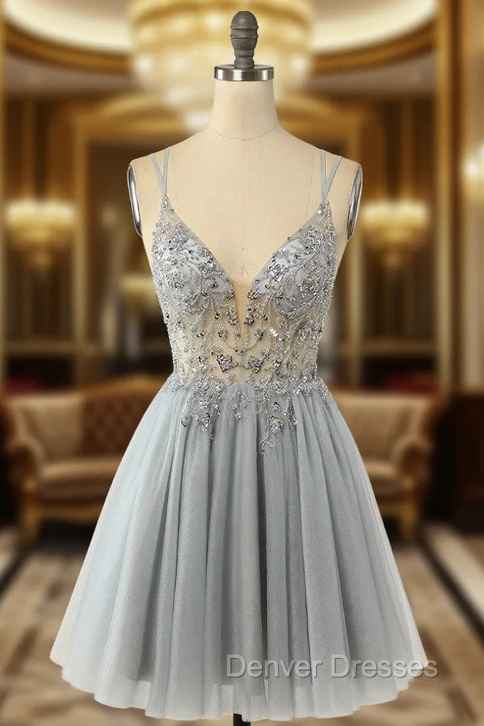 Gorgeous Grey Homecoming Dress A Line Spaghetti Straps Short Prom Dress with Beading
