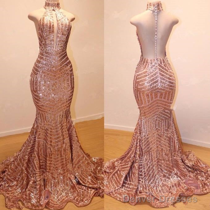 Gorgeous Halter Long Mermaid Champagne Gold Sequin Prom Dresses Main image