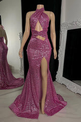 Gorgeous Halter Pink Prom Dress Sequins Sleeveless Long With Split