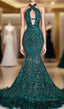 Gorgeous Halter Sleeveless Mermaid Prom Dress Sequins Long With Feather Bottom