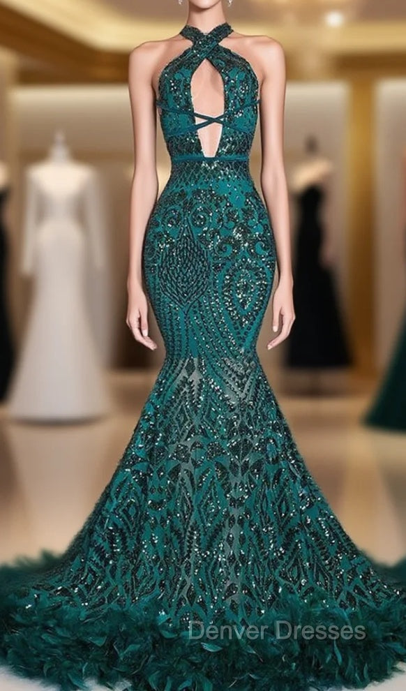 Gorgeous Halter Sleeveless Mermaid Prom Dress Sequins Long With Feather Bottom Main image