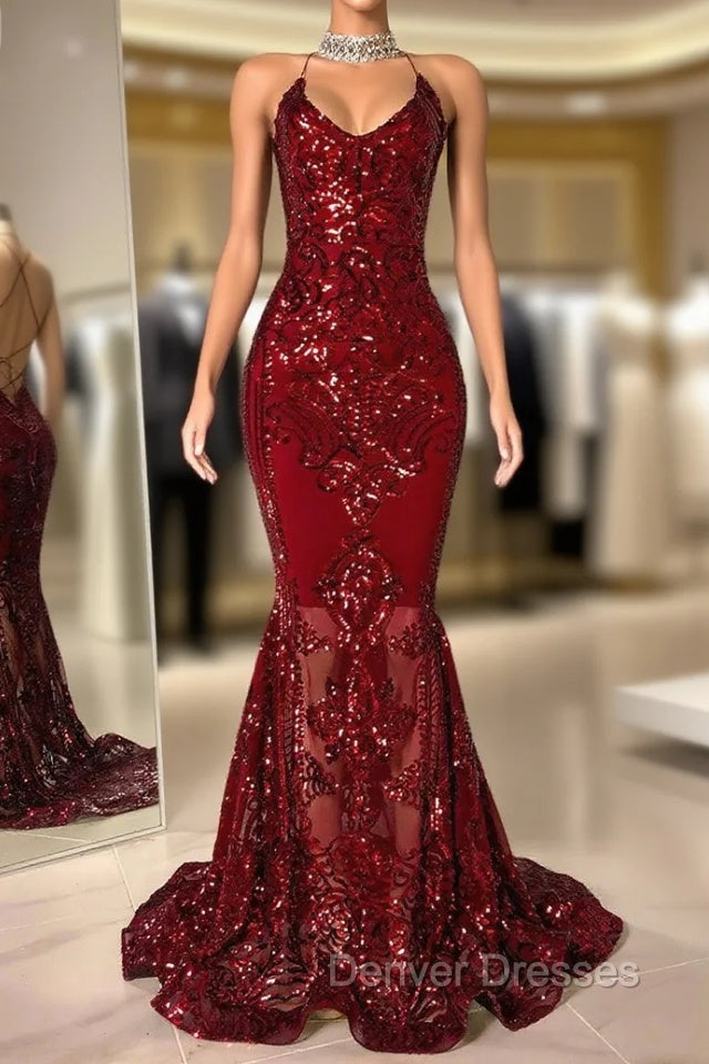 Gorgeous Halter V-Neck Sleeveless Mermaid Prom Dress Sequins Long Main image