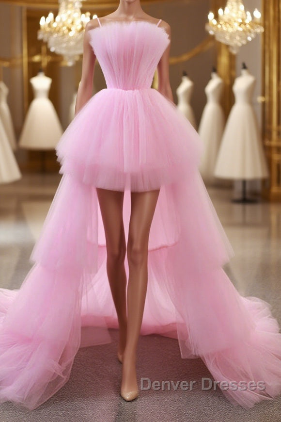 Gorgeous High Low Pink Tulle Long Prom Dress, Pink Tulle Formal Graduation Evening Dress Main image