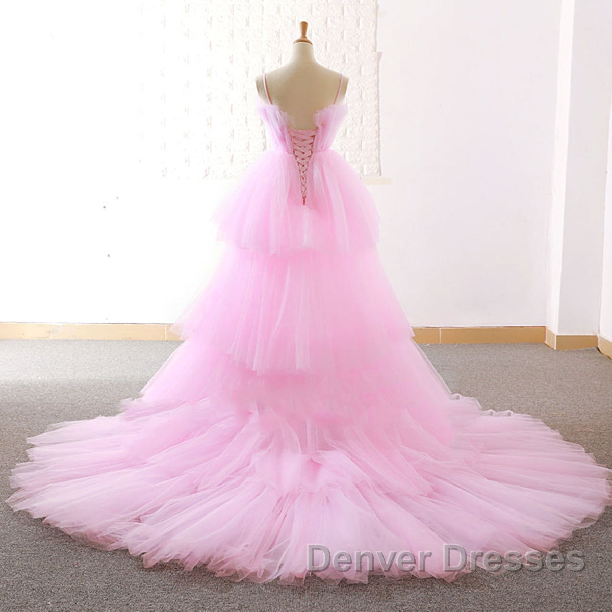 Gorgeous High Low Pink Tulle Long Prom Dress, Pink Tulle Formal Graduation Evening Dress Secondary image