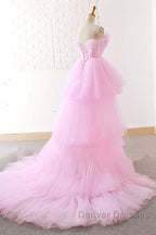 Gorgeous High Low Pink Tulle Long Prom Dress, Pink Tulle Formal Graduation Evening Dress