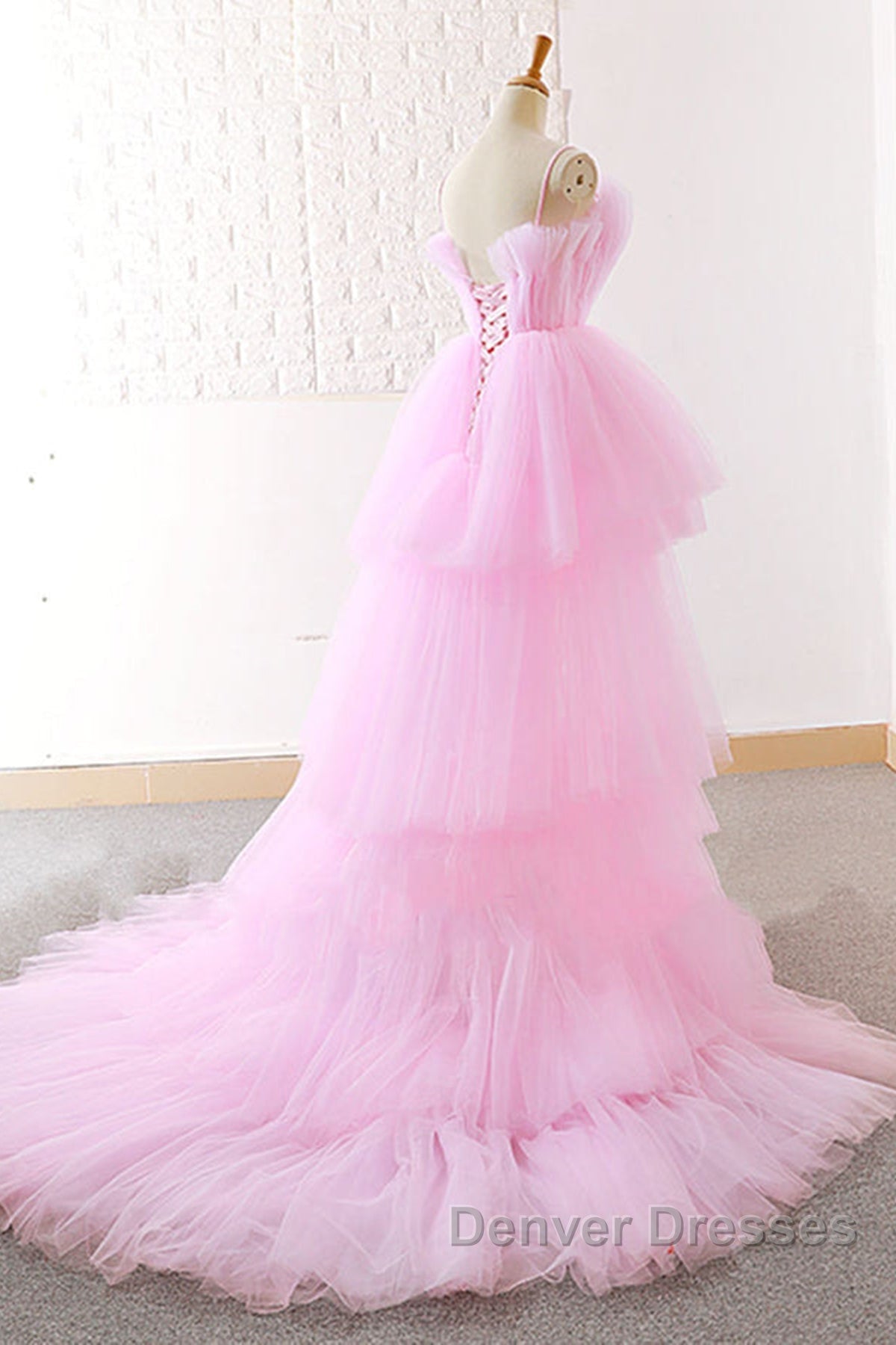 Gorgeous High Low Pink Tulle Long Prom Dress, Pink Tulle Formal Graduation Evening Dress