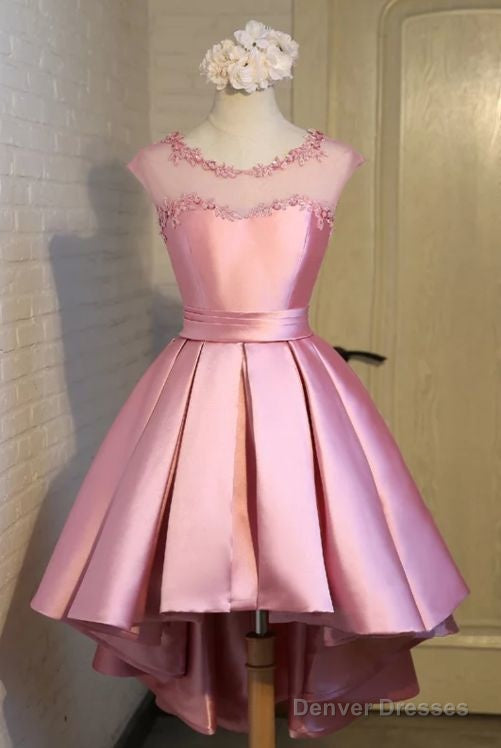 Gorgeous High Low Satin Homecoming Dress, Round Neckline Lace-Up Dress