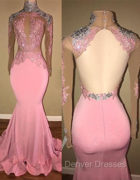 Gorgeous High-Neck Backless Pink Prom Party GownsMermaid With Lace Appliques Secondary image