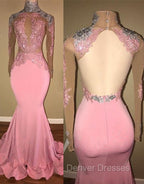 Gorgeous High-Neck Backless Pink Prom Party GownsMermaid With Lace Appliques