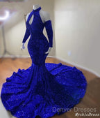 Gorgeous High Neck Long Sleeve Royal Blue Prom Dress Sequins Party Dress