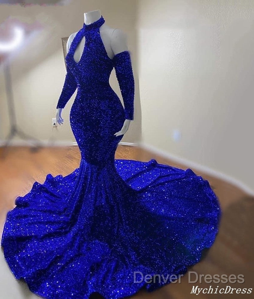 Gorgeous High Neck Long Sleeve Royal Blue Prom Dress Sequins Party Dress