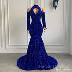 Gorgeous High Neck Long Sleeve Royal Blue Prom Dress Sequins Party Dress