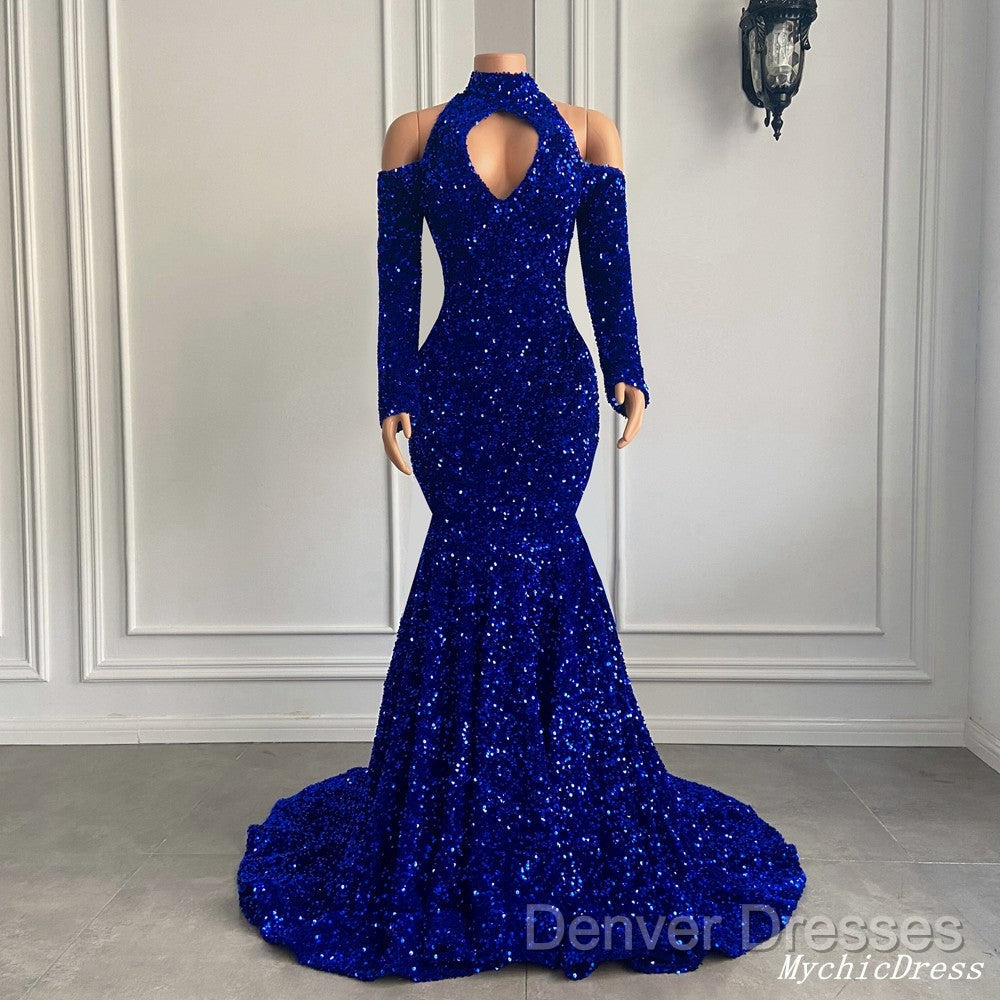 Gorgeous High Neck Long Sleeve Royal Blue Prom Dress Sequins Party Dress