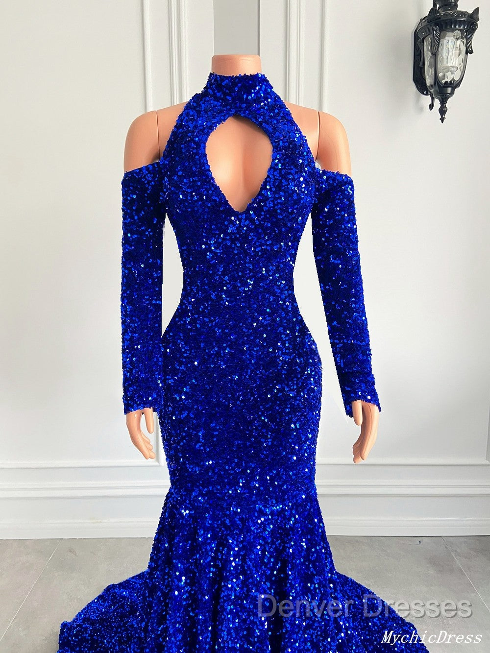 Gorgeous High Neck Long Sleeve Royal Blue Prom Dress Sequins Party Dress