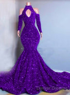 Gorgeous High Neck Long Sleeve Royal Blue Prom Dress Sequins Party Dress