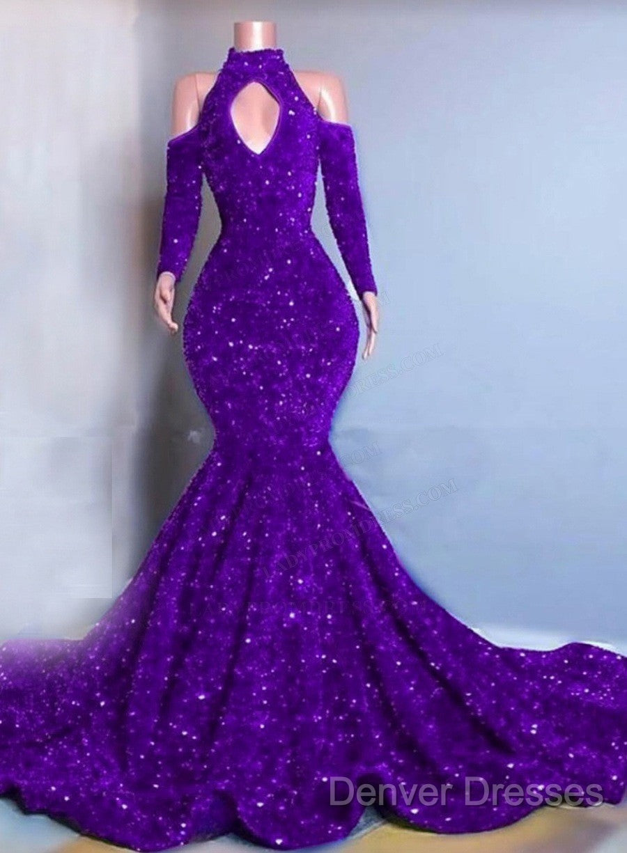 Gorgeous High Neck Long Sleeve Royal Blue Prom Dress Sequins Party Dress