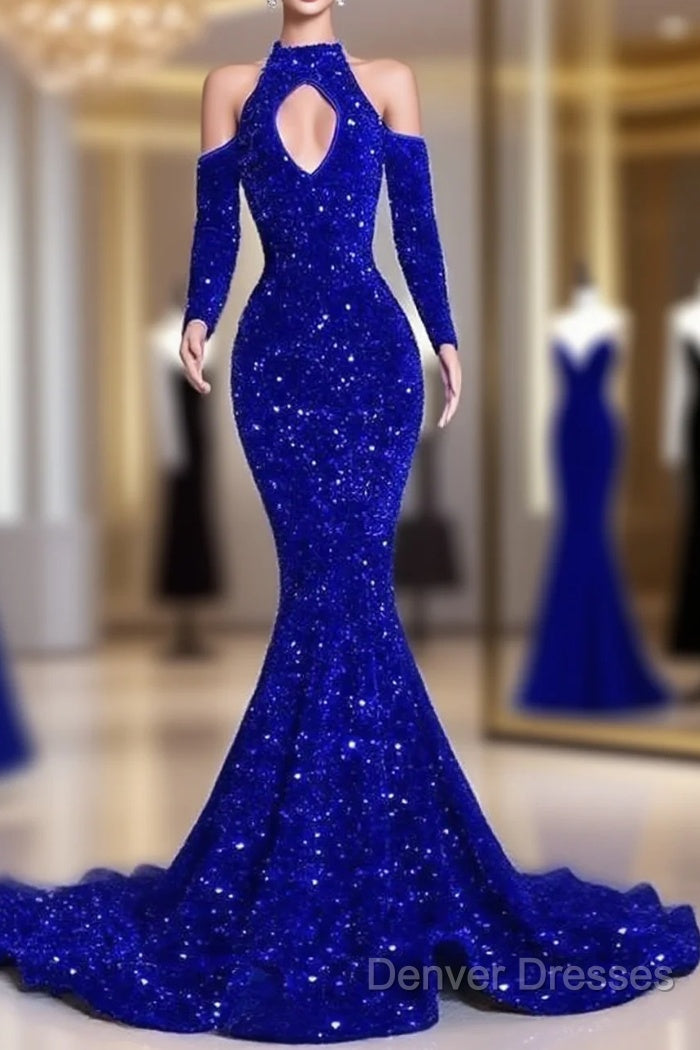 Gorgeous High Neck Long Sleeve Royal Blue Prom Dress Sequins Party Dress Main image