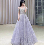 Gorgeous Lavender A-Line Off-The-Shoulder Rhinestone Embellished Sequined Sheer Tulle Long Prom Dress Evening Dress