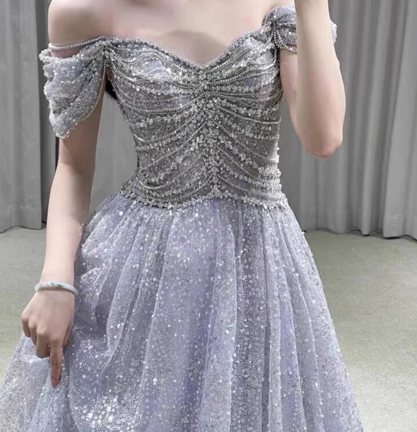 Gorgeous Lavender A-Line Off-The-Shoulder Rhinestone Embellished Sequined Sheer Tulle Long Prom Dress Evening Dress