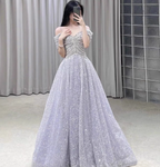 Gorgeous Lavender A-Line Off-The-Shoulder Rhinestone Embellished Sequined Sheer Tulle Long Prom Dress Evening Dress