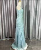 Gorgeous Light Blue V-Neck Ruffled Sequined Chiffon Long Prom Dress Evening Dress