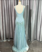 Gorgeous Light Blue V-Neck Ruffled Sequined Chiffon Long Prom Dress Evening Dress