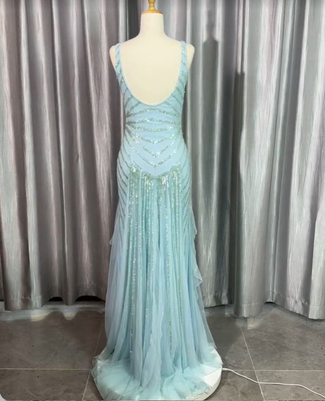 Gorgeous Light Blue V-Neck Ruffled Sequined Chiffon Long Prom Dress Evening Dress