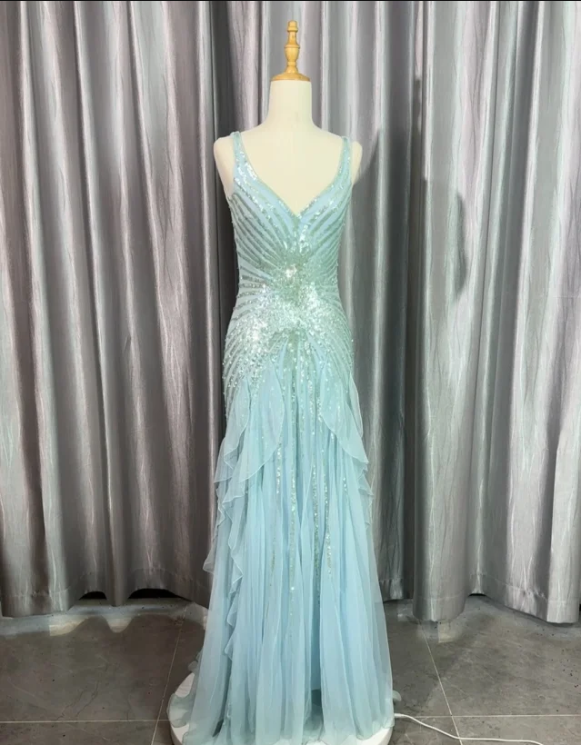Gorgeous Light Blue V-Neck Ruffled Sequined Chiffon Long Prom Dress Evening Dress