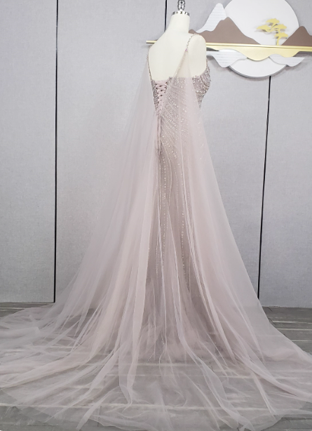 Gorgeous Light Lilac Spaghetti Strap Square Neck Rhinestone Tulle Train Prom Dress Evening Dress