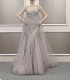 Gorgeous Light Lilac Spaghetti Strap Square Neck Rhinestone Tulle Train Prom Dress Evening Dress