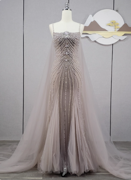 Gorgeous Light Lilac Spaghetti Strap Square Neck Rhinestone Tulle Train Prom Dress Evening Dress Main image