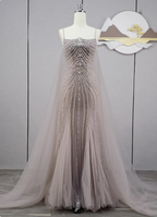 Gorgeous Light Lilac Spaghetti Strap Square Neck Rhinestone Tulle Train Prom Dress Evening Dress