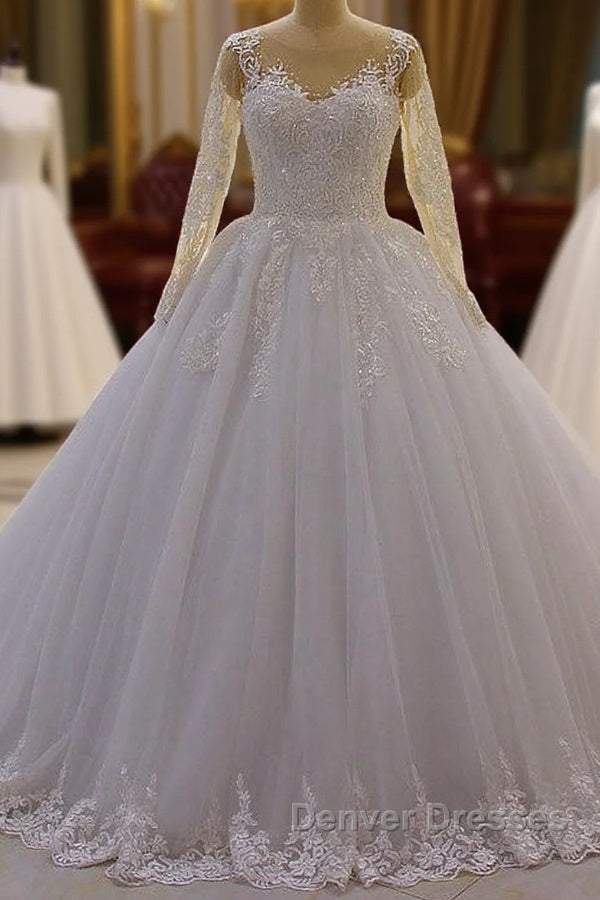 Gorgeous Long A-Line Bateau Pearl Tulle Appliques Lace Wedding Dress with Sleeves Main image