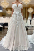 Gorgeous Long A-line Off-the-shoulder Tulle Lace Appliques Wedding Dress