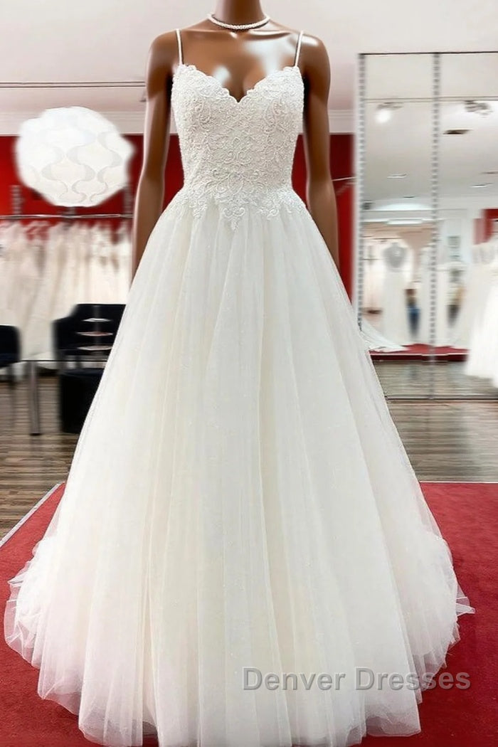 Gorgeous Long A-line Sweetheart Spaghetti Straps Tulle Lace Wedding Dress Main image
