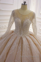 Gorgeous Long Ball Gown Bateau Crystal Wedding Dress with Sleeves