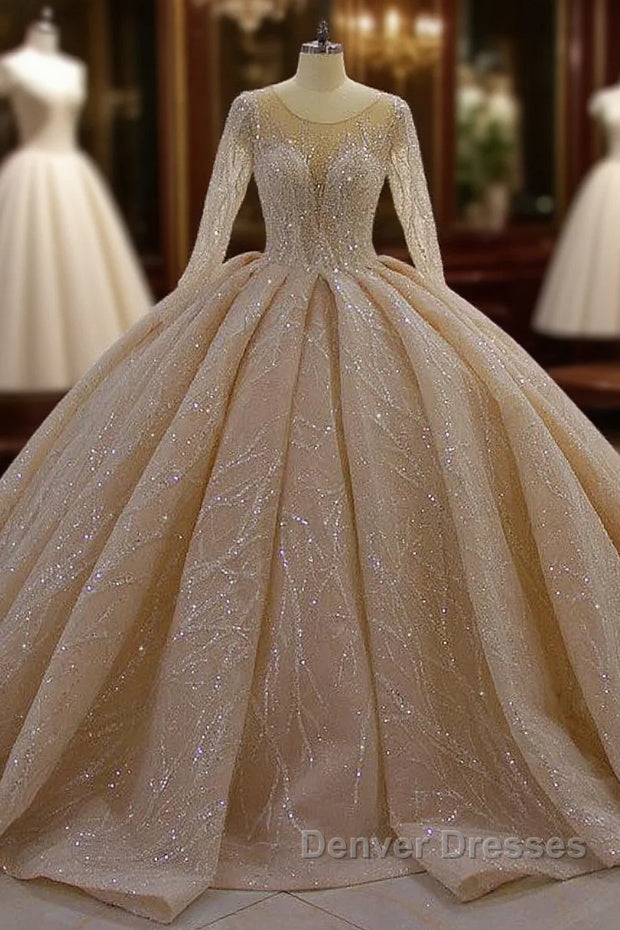 Gorgeous Long Ball Gown Bateau Crystal Wedding Dress with Sleeves Main image