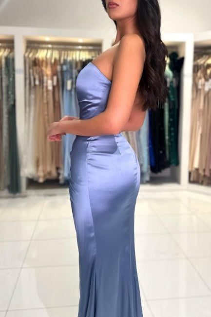 Gorgeous Long Dusty Blue Mermaid Satin Sleeveless Prom Dress With Slit