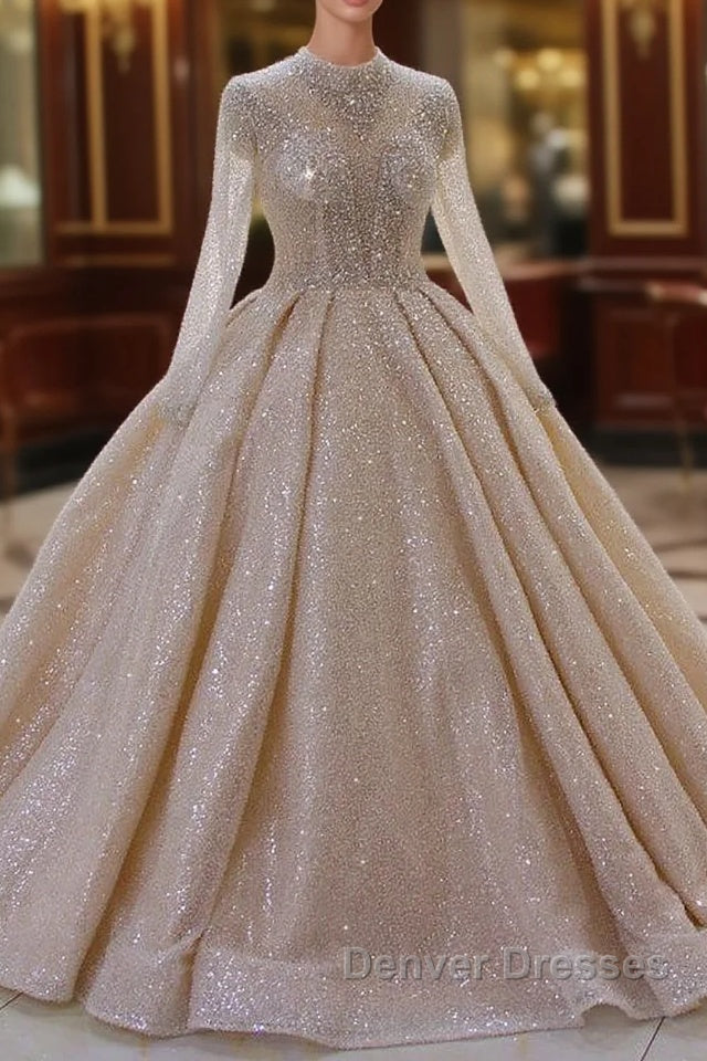 Gorgeous Long High neck Sequin Satin Ball Gown Wedding Dress with Sleeves Main image