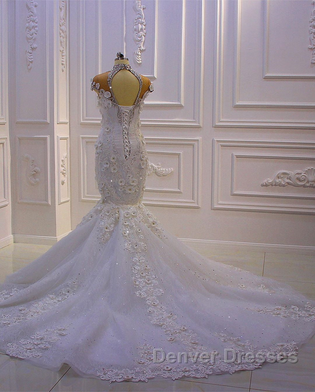 Gorgeous Long Mermaid High Neck Appliques Lace Crystal Tulle Wedding Dress