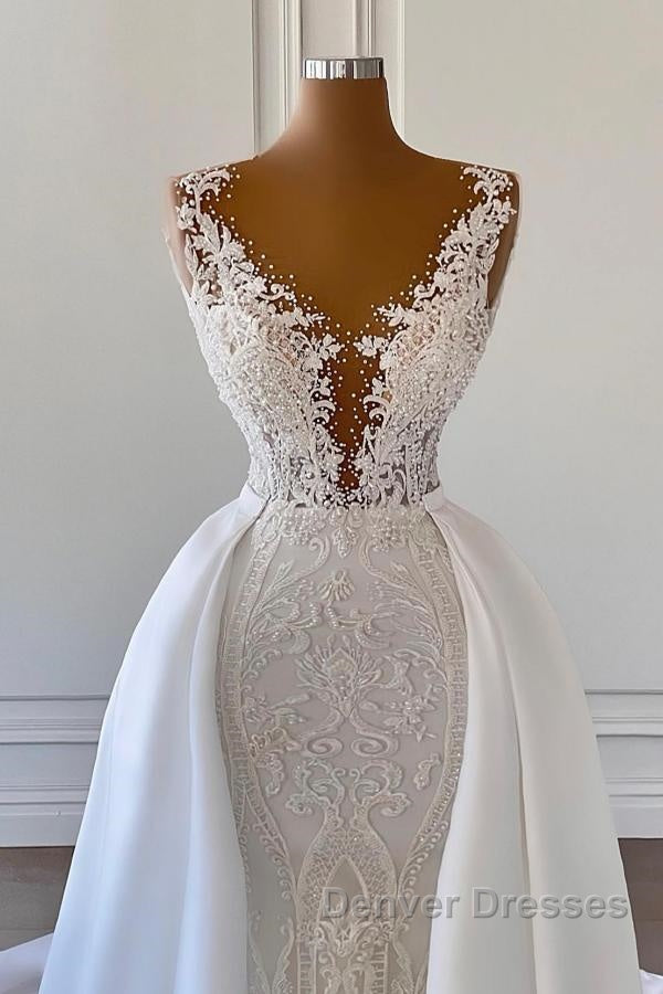 Gorgeous Long Mermaid V-neck Lace Wedding Dress with Satin Detachable Train Secondary image