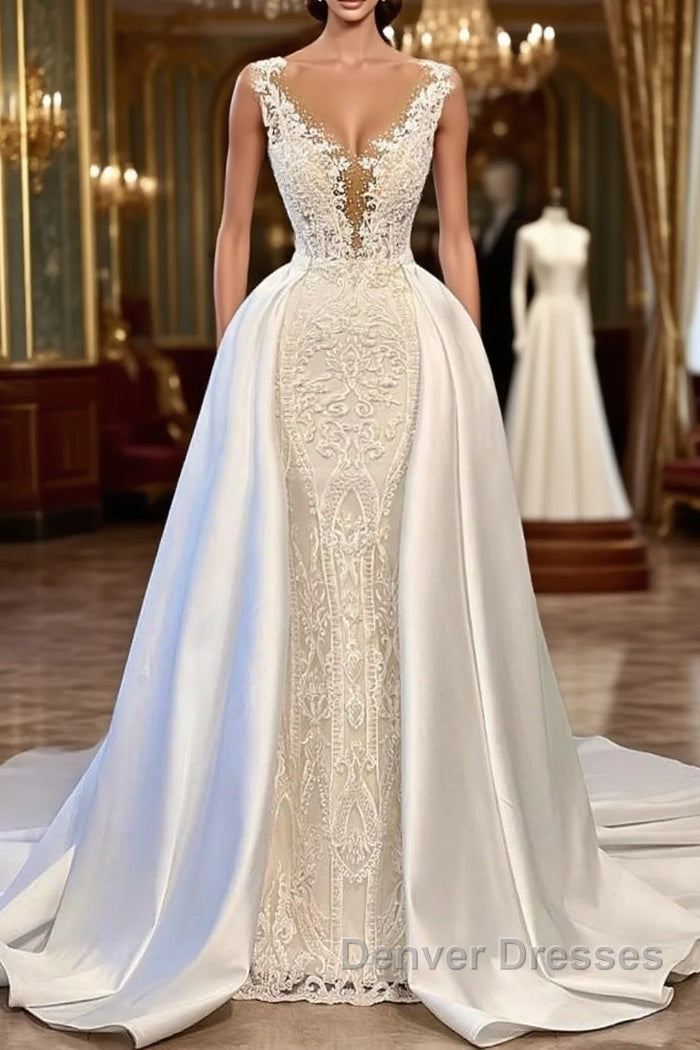 Gorgeous Long Mermaid V-neck Lace Wedding Dress with Satin Detachable Train Main image