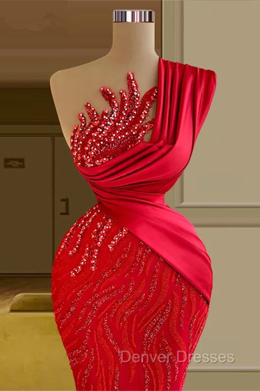 Gorgeous Long Red Mermaid One Shoulder Lace Sequined Sleeveless Prom Dress Secondary image