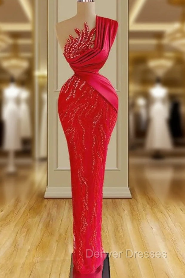 Gorgeous Long Red Mermaid One Shoulder Lace Sequined Sleeveless Prom Dress Main image